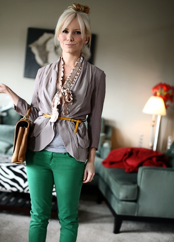 Fashionable green jeans can be worn not only in everyday life, but also und...